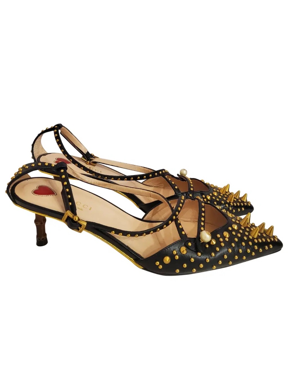 Gucci Black Leather Pointed Studded Strappy Heels with Gold Accents Sz 38